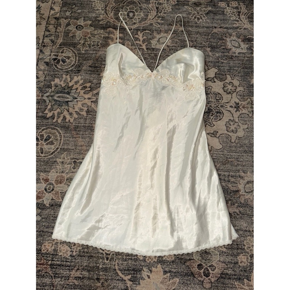 Vintage Victorias Secret Bridal Satin Slip White Beaded Pearls Appliqué Sequins